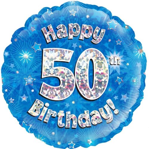 45cm Foil Balloon - Happy 50th Birthday Blue Holographic