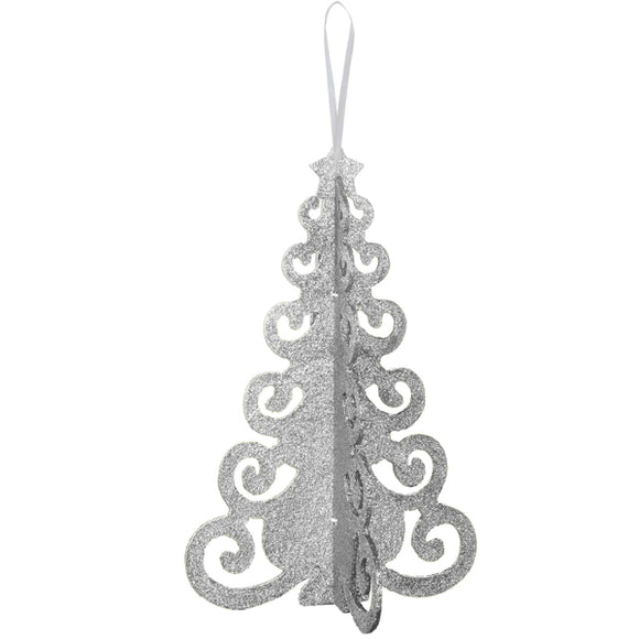 SILVER GLITTERED 3D CHRISTMAS TREE DECORATION