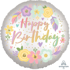 45cm Foil Balloon - BOHO HAPPY BIRTHDAY SATIN FLOWERS