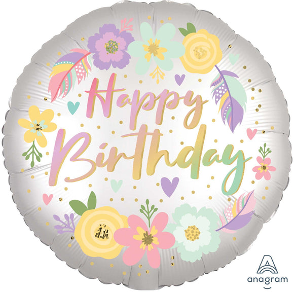 45cm Foil Balloon - BOHO HAPPY BIRTHDAY SATIN FLOWERS