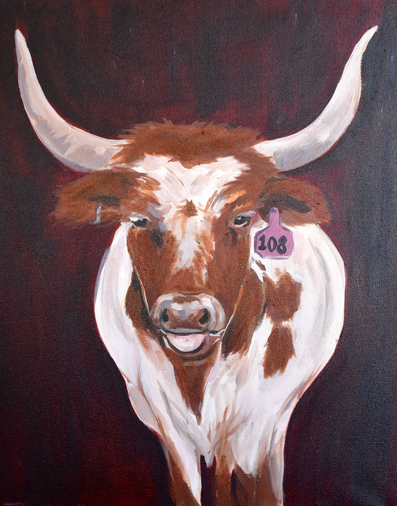 Hand Painted Cow with Long Horns on Canvas - Teresa Hope