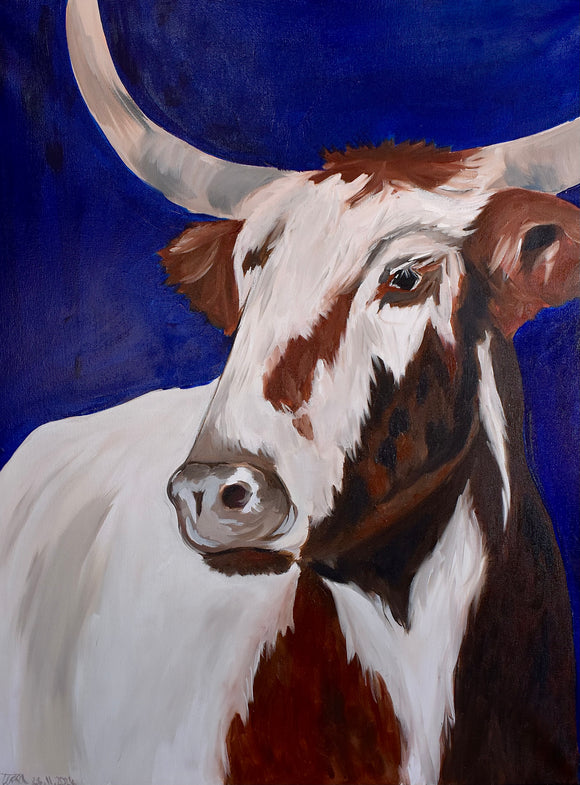 Hand Painted Cow with Long Horns on Canvas - Teresa Hope
