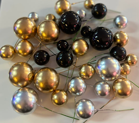 FAUX GOLD, BLACK & SILVER BALL CAKE TOPPER SET