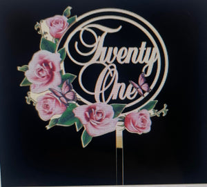 ACRYLIC CAKE TOPPER 21st - GOLD with flowers