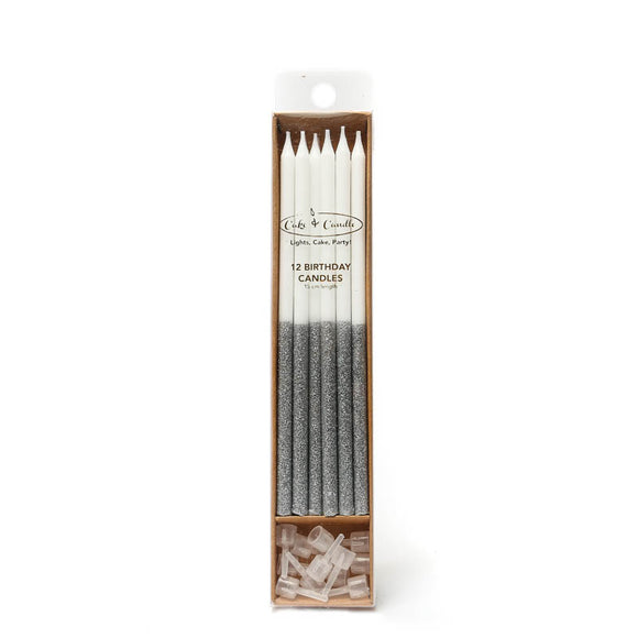 Long Elegant Candles (12cm) - Silver Glitter Dipped