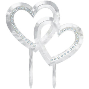 Plastic Cake Topper - SILVER DOUBLE HEARTS with GEMS