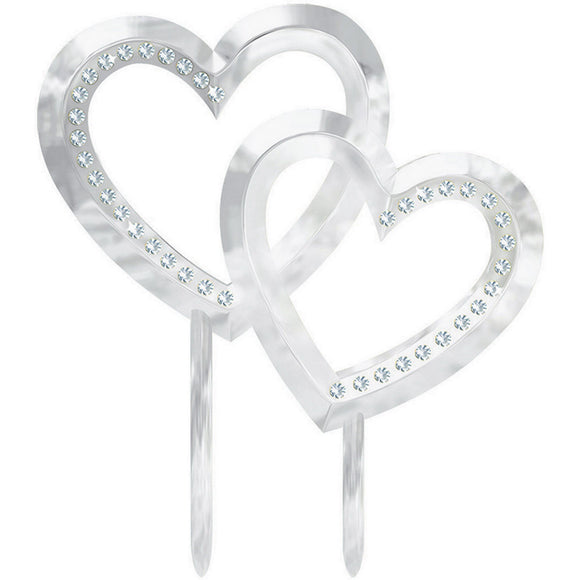 Plastic Cake Topper - SILVER DOUBLE HEARTS with GEMS