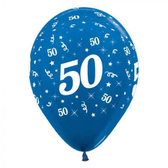 30cm Blue Latex Balloons 50th Birthday - 6 Pack