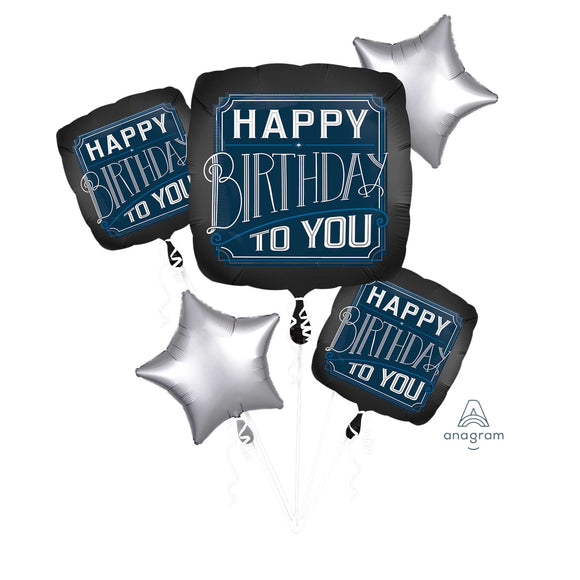 Balloon Bouquet - HAPPY BIRTHDAY BLUE/BLACK/SILVER