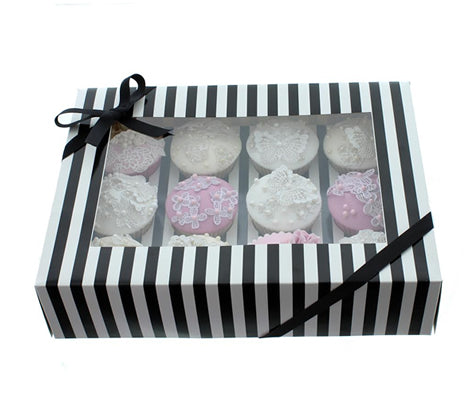 CUPCAKE BOXES - BLACK & WHITE STRIPED (HOLDS 12)