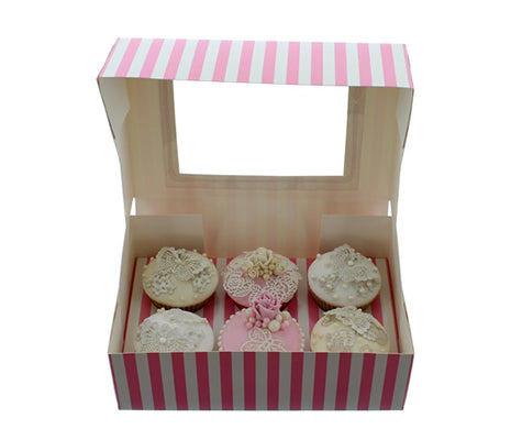 CUPCAKE BOXES - PINK & WHITE STRIPED (HOLDS 6)