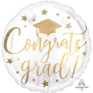 45cm Foil Balloon -  CONGRATS GRAD (GOLD & WHITE)