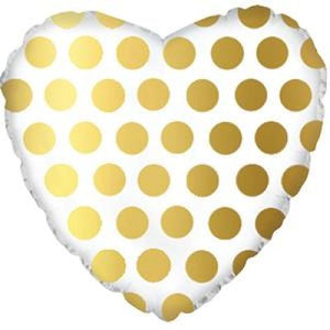 45cm Foil Balloon - HEART- GOLD & WHITE DOTS