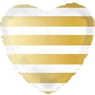 45cm Foil Balloon - HEART- GOLD & WHITE STRIPED