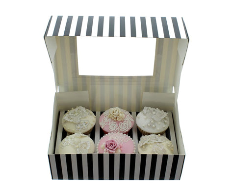 CUPCAKE BOXES - BLACK & WHITE STRIPED (HOLDS 6)