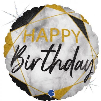 45cm Foil Balloon - HAPPY BIRTHDAY BLACK - GOLD MARBLE
